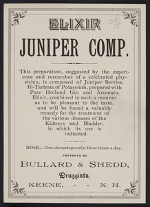 Label for Elixir Juniper Compound, prepared by Bullard & Shedd, druggists, Keene, New Hampshire, undated