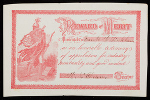 Reward of merit presented to Frank L. Pinkham as an honorable testimony of approbation for industry punctuality and good conduct by W.N. Dean, teacher, location unknown