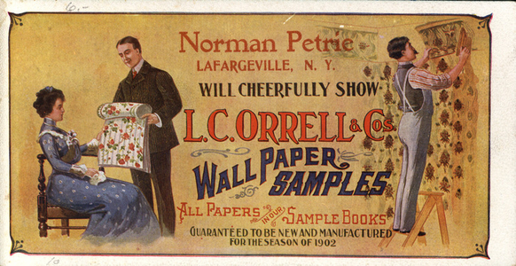 Trade card for Norman Petrie, wall paper samples, Lafargeville, New York, 1902