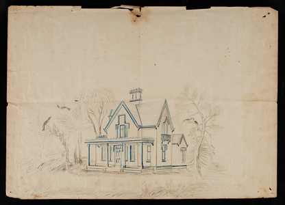 "Parsonage in the Tudor Style" Copied from Plate 45, Design XVII of The Architect by William Ranlett, Vol. 1, New York, 1849.