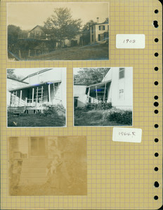 Tucker Family photograph album, exterior views, porches and portrait, page eight, Wiscasset, Maine, 1908-1964