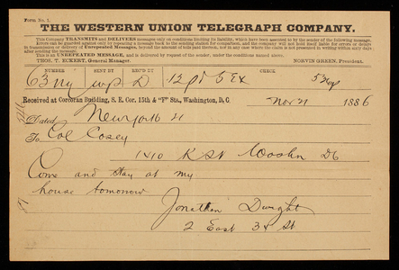 Jonathan Dwight to Thomas Lincoln Casey, November 21, 1886