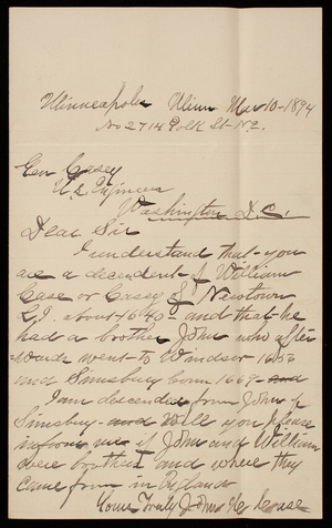 John H. Case to Thomas Lincoln Casey, March 10, 1894