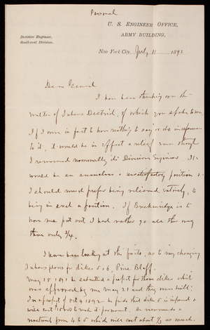 [Cyrus] B. Comstock to Thomas Lincoln Casey, July 11, 1893