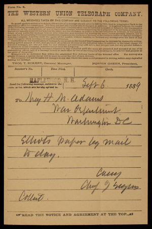 Thomas Lincoln Casey to [Henry] M. Adams, September 6, 1889, telegram