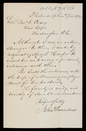John Saunders to Thomas Lincoln Casey, July 10, 1890