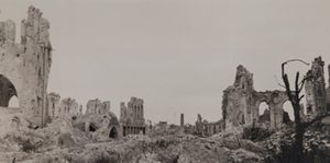 Wide view of remnants of a gothic arch from a destroyed stone building, Ypres, 1919