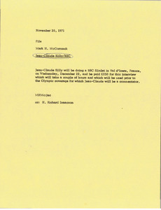 Memorandum from Mark H. McCormack concerning Jean Claude Killy