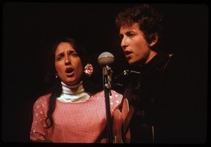Bob Dylan and Joan Baez, performing on stage, Newport Folk Festival