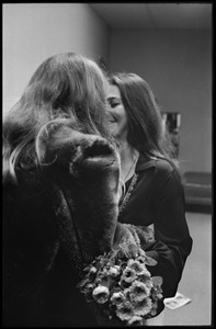 Unidentified woman greeting Judy Collins (right) in the sound studio while producing the first Crosby, Stills, and Nash album