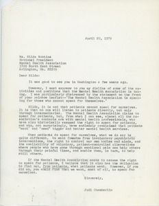 Letter from Judi Chamberlin to Hilda H. Robbins