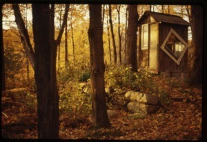 Outhouse in high fall color, Montague Farm Commune