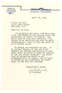 Letter from People's World to W. E. B. Du Bois