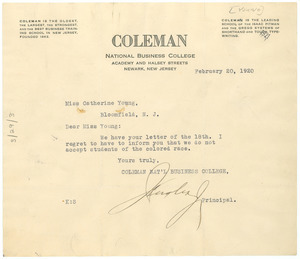 Letter from Coleman National Business College to Catherine Young
