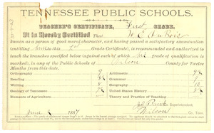 W. E. B. Du Bois Tennessee Public Schools teacher's certificate