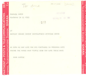 Telegram from Anna Louise Strong to Shirley Graham Du Bois