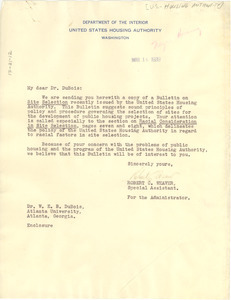 Letter from United States Housing Authority to W. E. B. Du Bois