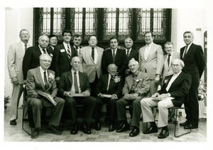 The five inductees and group of men at the YMCA Hall of Fame induction ceremony (1989)