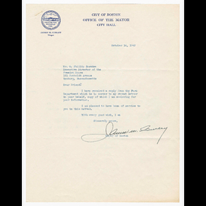 Letter from Mayor James Curley to O. Phillip Snowden enclosing letter from John Murphy to James Curley about improvements at Horatio Harris Park