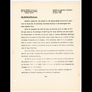Press release from the Boston Branch of N.A.A.C.P. about providing low-income housing in the Washington Park Urban Renewal Area