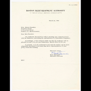 Letter from Kane Simonian to Muriel Snowden meeting to be held March 23, 1960