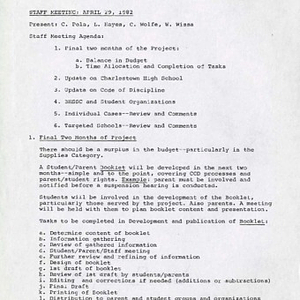 Agenda for staff meeting on April 29, 1982