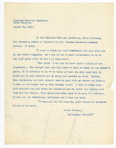 Statement by the Citizens National Committee for Sacco and Vanzetti concerning letter from Bartolomeo Vanzetti to Mrs. Jessica Henderson, August 21, 1927