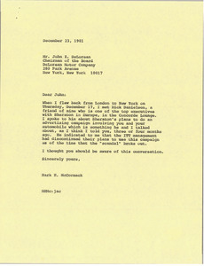 Letter from Mark H. McCormack to John Z. De Lorean