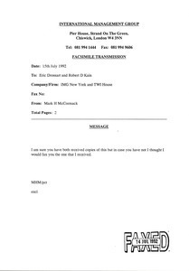 Fax from Mark H. McCormack to Eric Drossart and Robert D. Kain