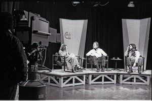 Commune members at the WGBY Catch 44 (public access television) interview: Anne Baker, James Baker, and Bruce Geisler on stage