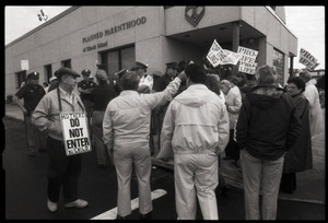 Pro-choice protesters at Planned Parenthood clinic in Providence: demonstrators with 'Keep abortion legal' signs