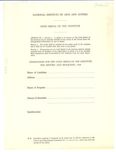 National Institute of Arts and Letters nomination blank