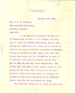 Letter from the Wisconsin Governor's Office to W. E. B. Du Bois