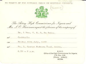 Invitation from National Union of Nigerian Students to Dr. & Mrs. W. E. B. Du Bois