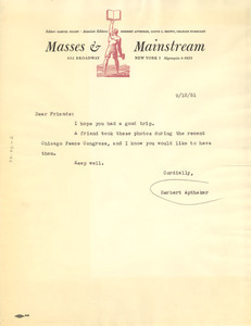 Letter from Herbert Aptheker to National Committee to Defend Dr. W. E. B. Du Bois & Associates
