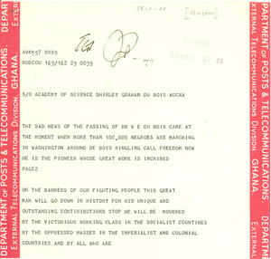Telegram from Henry Winston to Mrs. Du Bois