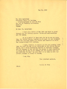 Letter from W. E. B. Du Bois to Mouvement contre le racisme, l'antisémitisme et pour la paix
