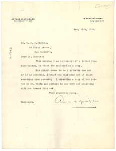 Letter from Arthur Spingarn to W. E. B. Du Bois