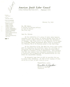 Letter from American Jewish Labor Council to W. E. B. Du Bois