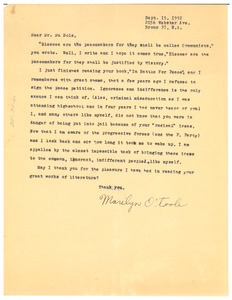 Letter from Marilyn O'Toole to W. E. B. Du Bois
