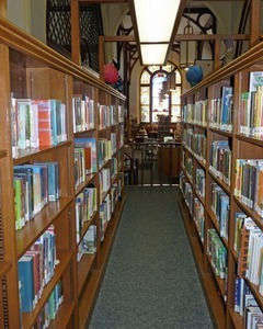 Clapp Memorial Library: view down book stacks
