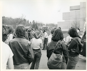 Board of Trustees fee increase demonstration: protestor speaking in front of the Whitmore Administration Building