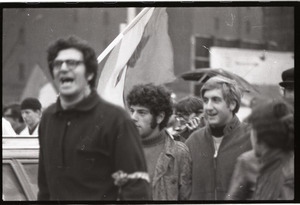 MIT I-Lab demonstration: protesters in front of Building 10, one waving North Vietnamese flag