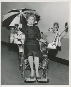 Woman in specially equipped wheelchair