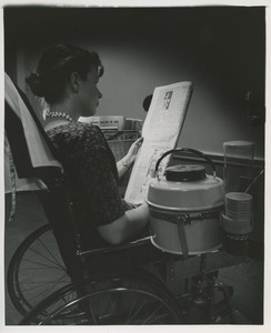 Woman in specially equipped wheelchair