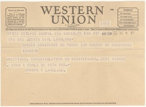 Telegram from Joseph Langland to Judith G. Wood Langland