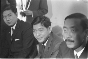 Layer Vuong Van Bac and Prof. Nguyen Ngoc Huy sitting next to Ky. Both are members of the official Vietnamese delegation to Paris; Saigon.