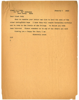 Letter from Laurence L. Doggett to Raymond F. Koby (January 3, 1918)