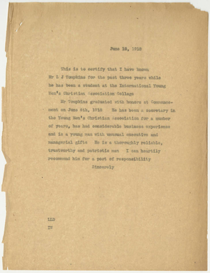 Letter of recommendation for Leslie Tompkins from Laurence L. Doggett (June 18, 1918)