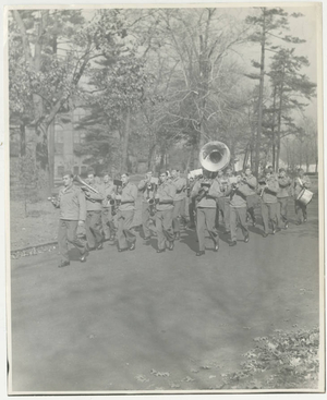 The Army Air Corps band marching on the campus of Springfield College (May 1943)